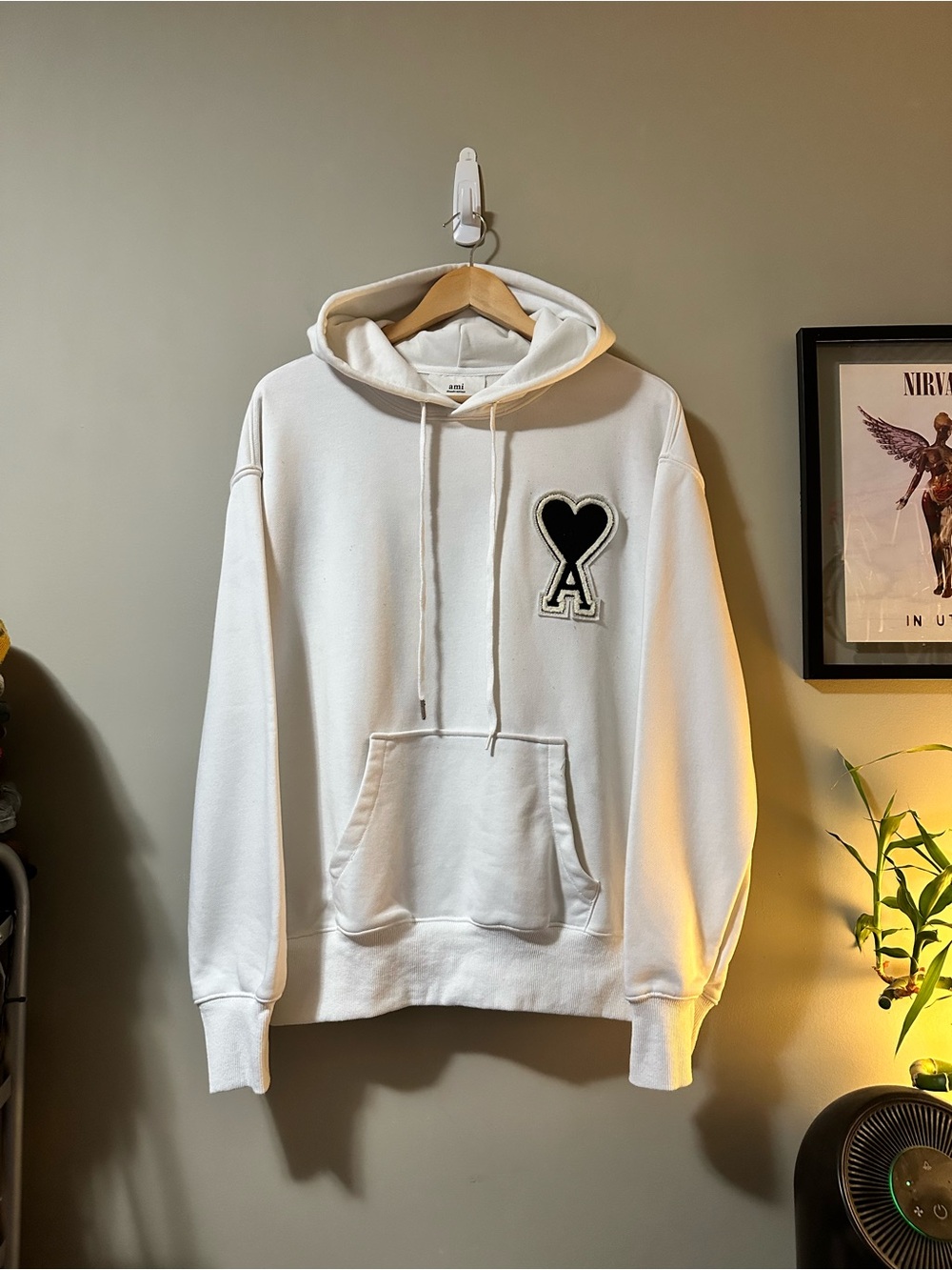 Ami White Crewneck Hoodie with Black Heart Patch